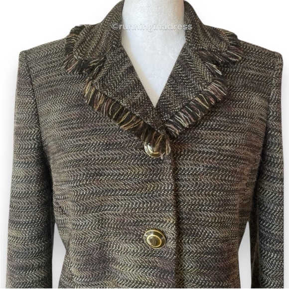 St. John Fringed Trimmed Double Breasted Bouclé Tweed Jacket In BrownMulti Color - Picture 7 of 15
